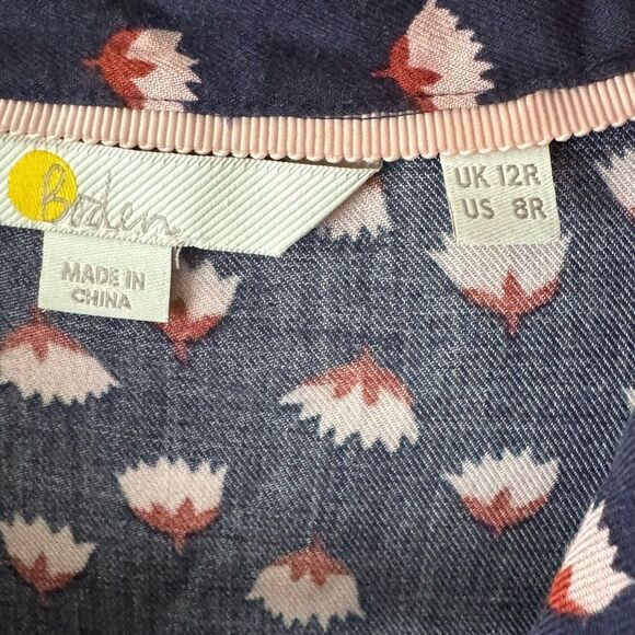 BODEN Navy Floral Babydoll Drop Hem 100% Viscose Button Down Tunic top Size 8R - Picture 3 of 5